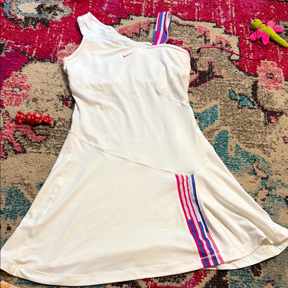 Nike White One-Shoulder Athletic Dress with Pink and Blue Stripes